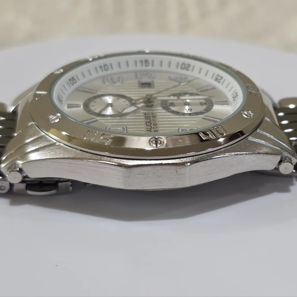 August Steiner Men's AS8070SS Swiss Quartz Month Date Silvertone Wrist Watch